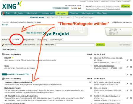 XING : Schritt 3 : Thema/Kategorie auswählen